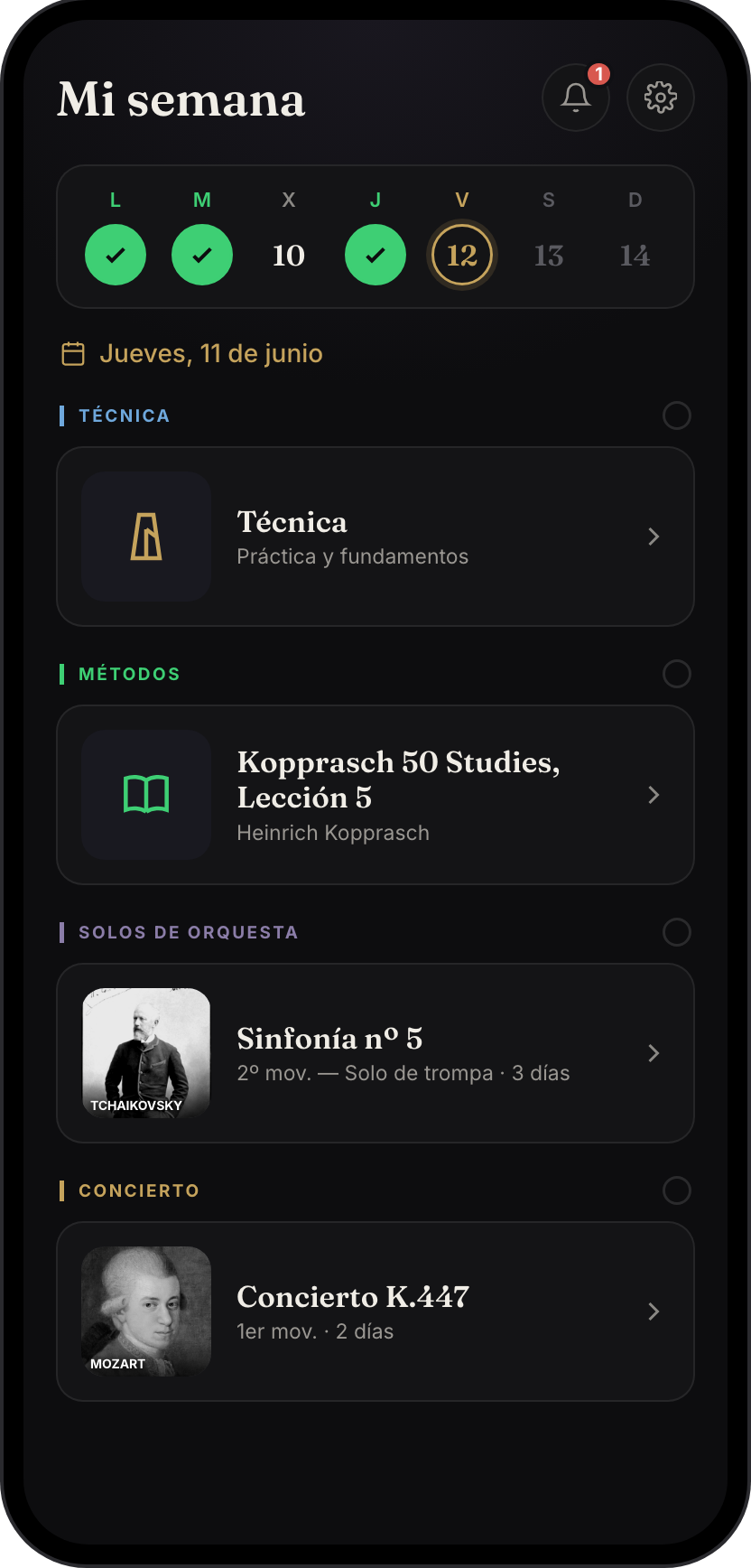 Pantalla Mi semana de Spalla: temporada, progreso y obras de la semana